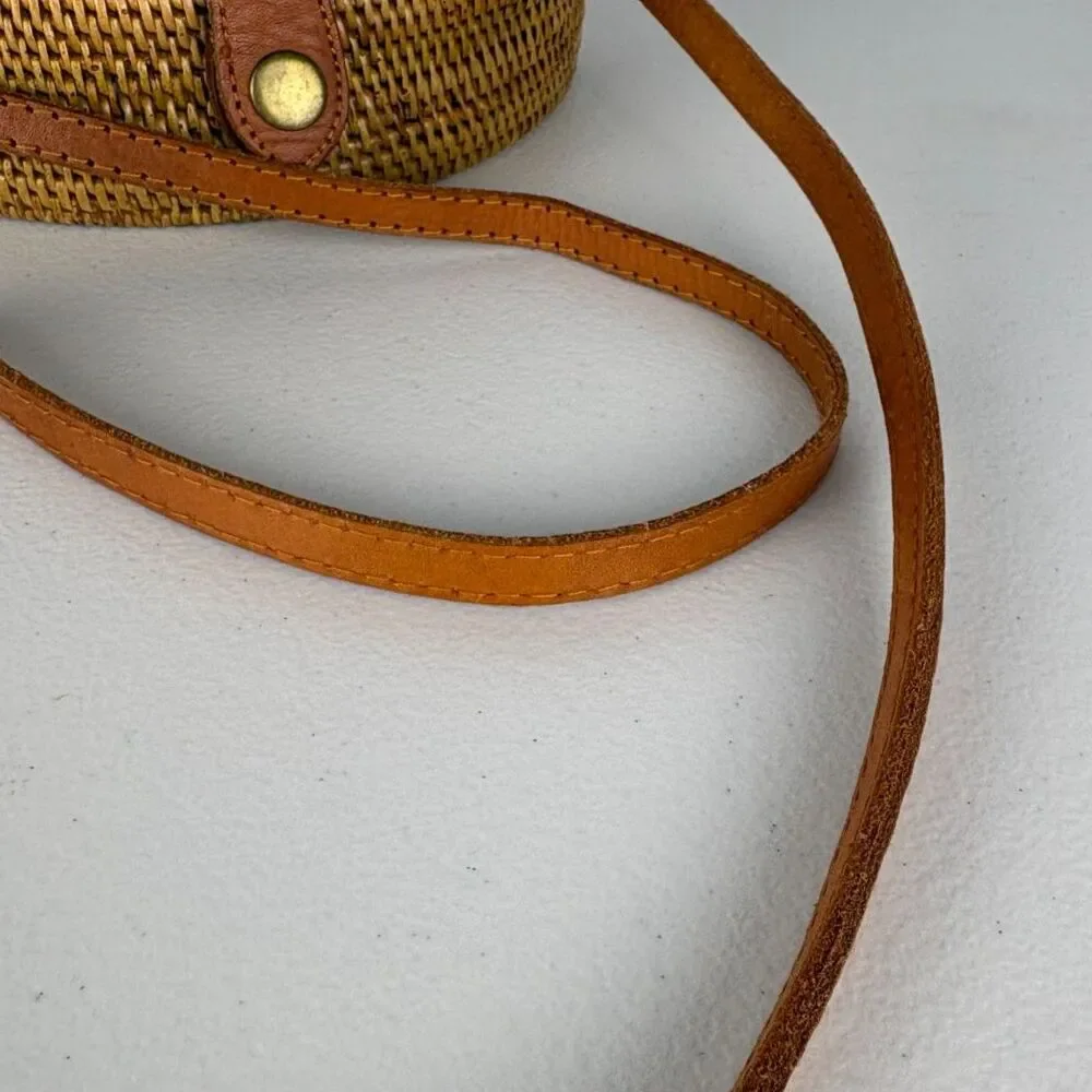 Bali Ata Grass Round Crossbody Bag Rattan Leather Batik Lined Boho Wicker Purse